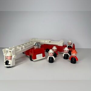 Vintage Fisher-Price Little People 2 Fire Trucks With Seven 7 Fireman LOT